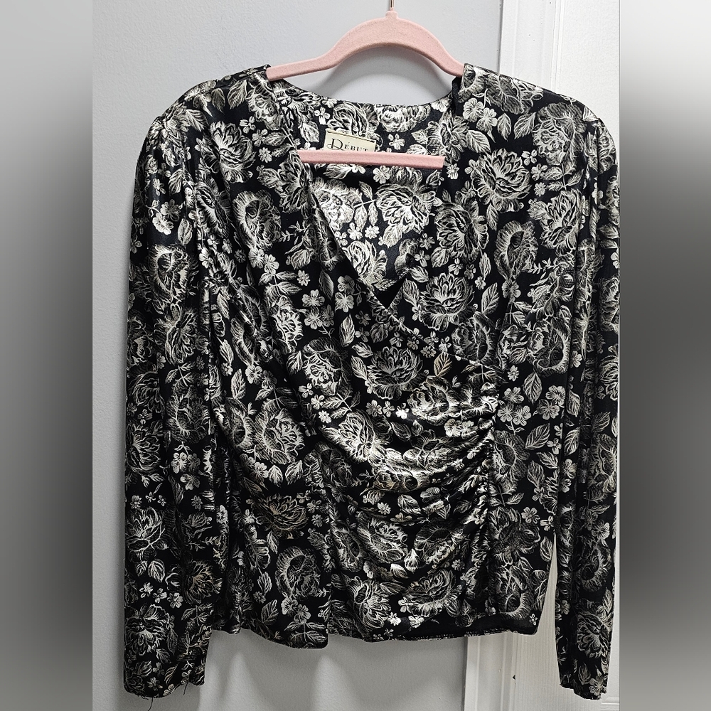 Début UK Metallic Silver Floral Faux Wrap Blouse Sz 14